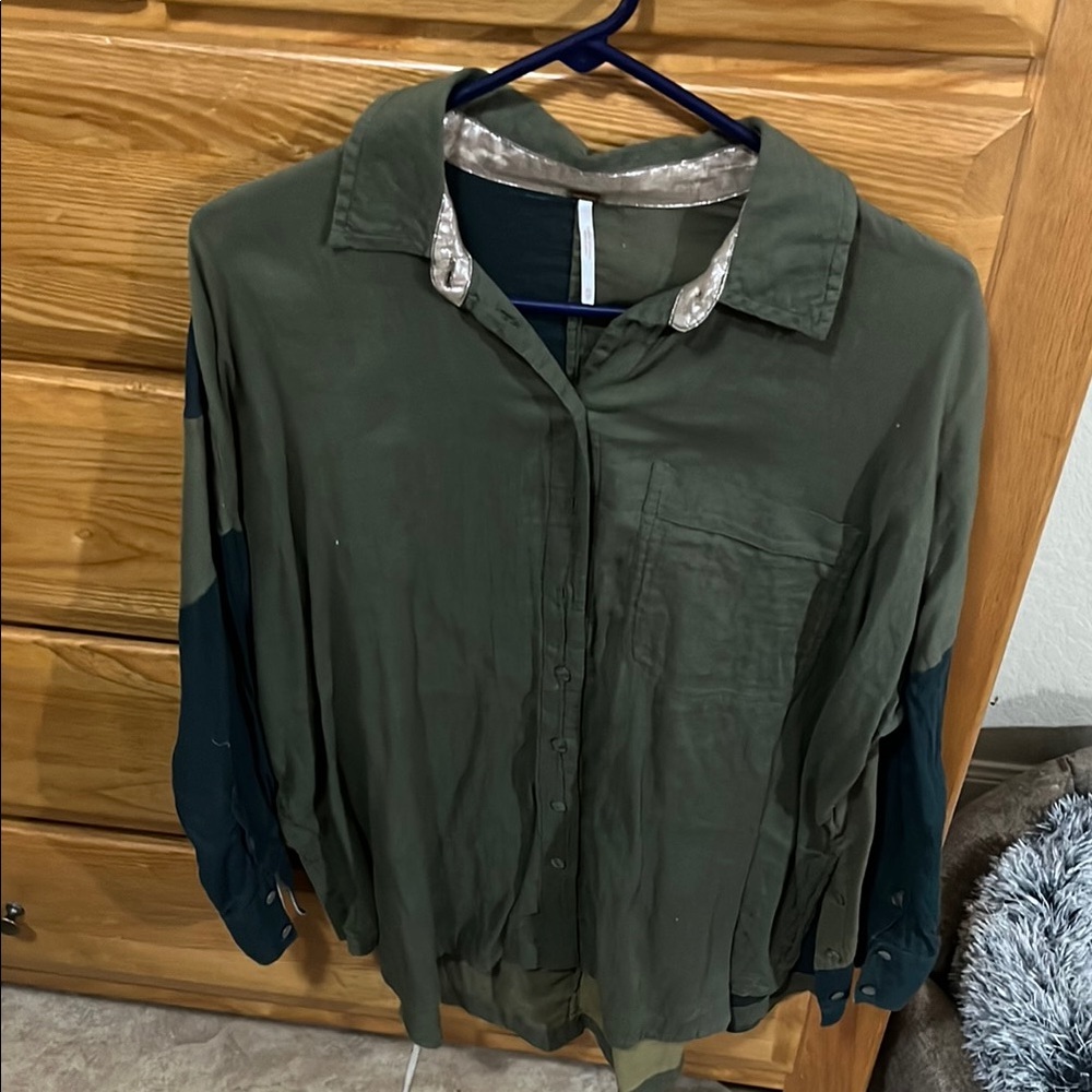 Free People Green and Blue Button-Up Top